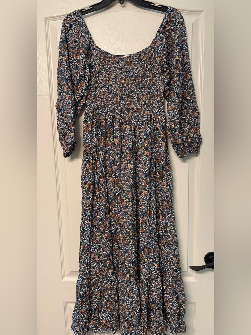 Smocked Floral Maxi Dress in Navy and Rust Accents